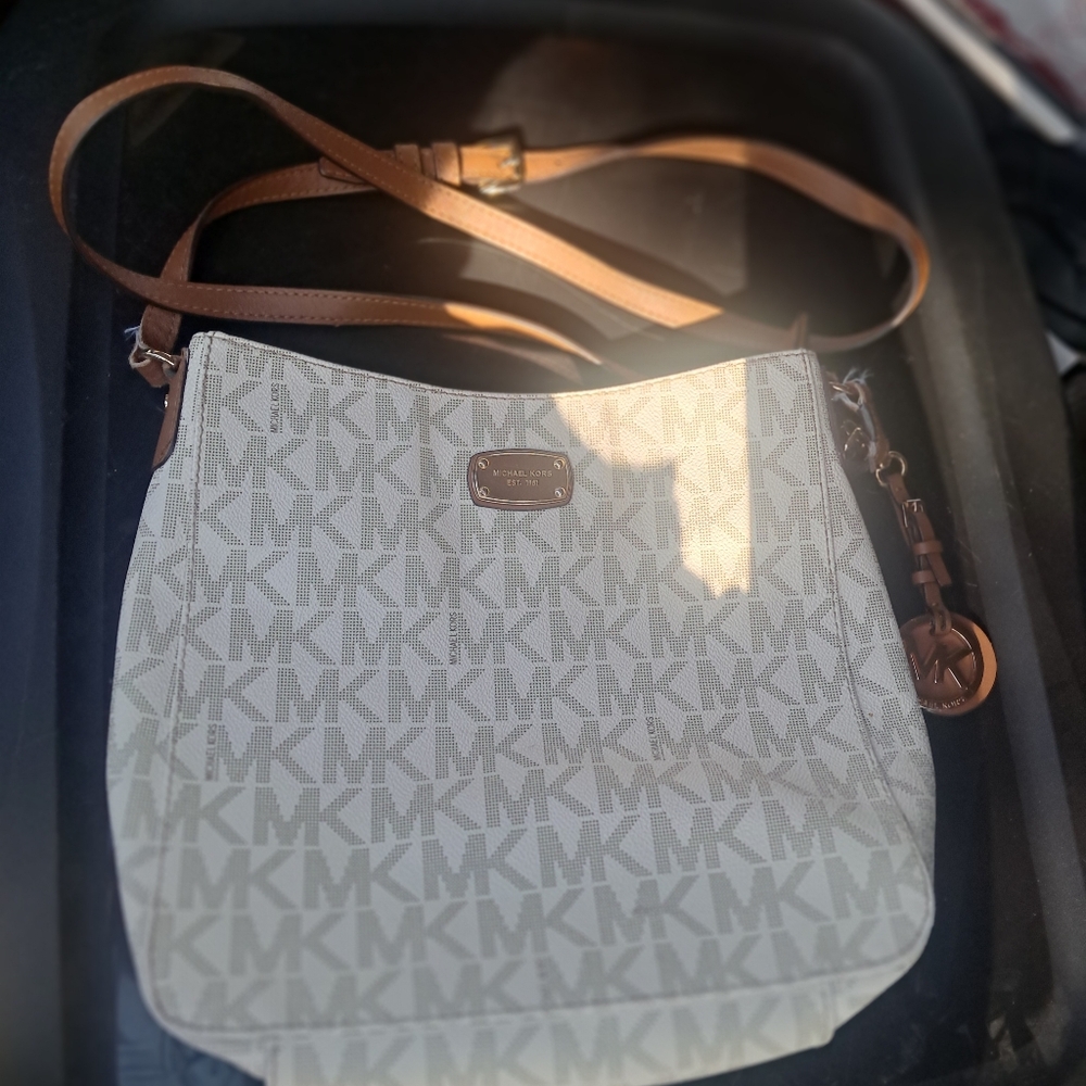 Michael Kors Cream Logo Crossbody with Brown Leather Strap